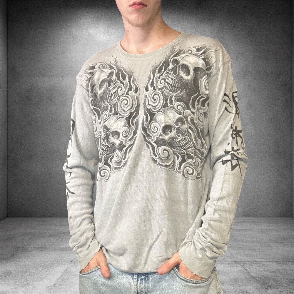 Affliction Paul Jeffries Skull Thermal Long Sleeve Shirt Grey Y2K Mens XL